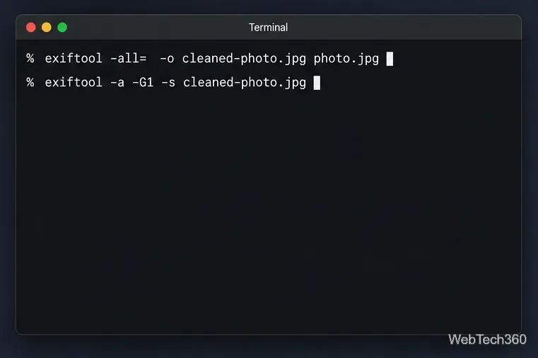 クリーンアップされたJPEGコピーを書き込み、そのメタデータを検査するターミナルコマンド