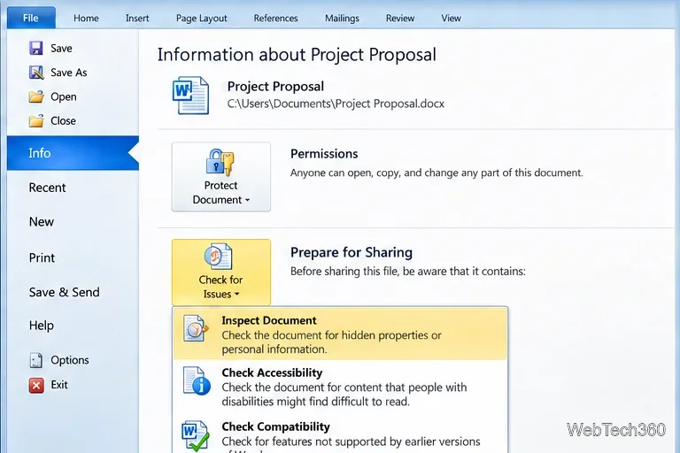 Word 2010のBackstageビューで、「問題の確認」の下にある「文書の検査」がハイライト表示されている。