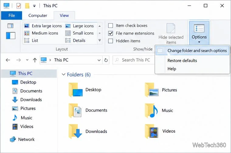 Ruban de l'Explorateur de fichiers de Windows 10 avec le menu Options ouvert et l'option Modifier les options des dossiers et de recherche sélectionnée.