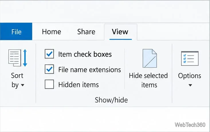 Vue rapprochée du ruban Affichage de Windows 10 avec les cases à cocher « Élément » cochées dans le groupe Afficher/Masquer.