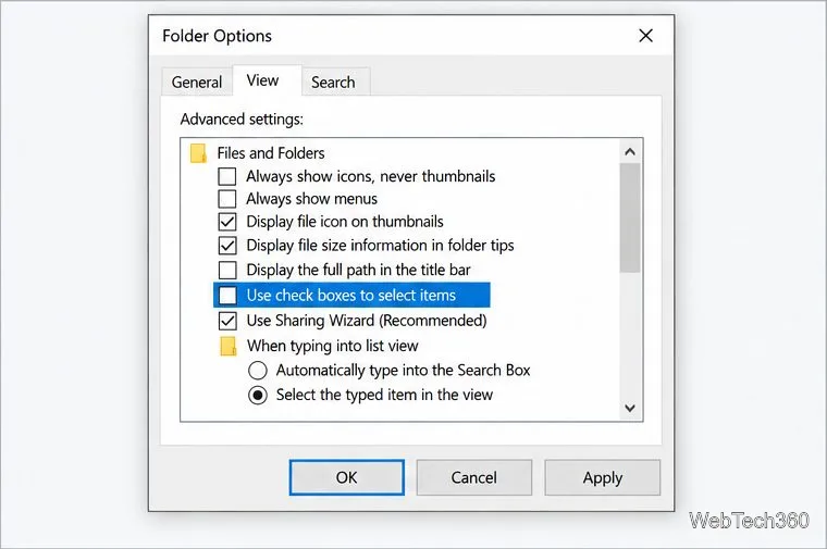Boîte de dialogue Options des dossiers de Windows 10, onglet Affichage, avec les cases à cocher « Utiliser pour sélectionner les éléments » décochées et les options Appliquer et OK visibles.