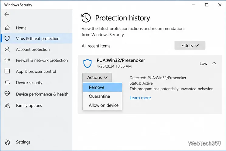 Protection history card for PUA:Win32/Presenoker with the Actions menu open and Remove selected
