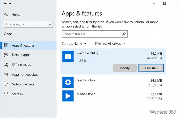 Windows 10 Apps & features with a generic utility selected and the Uninstall button visible