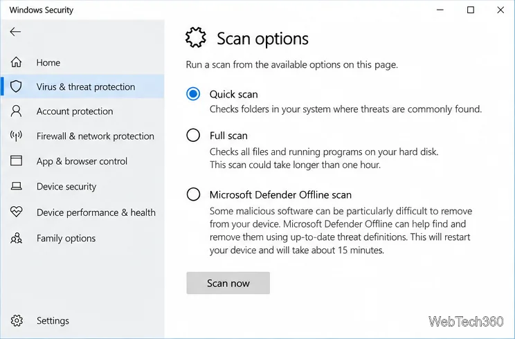 Windows Security Scan options listing Full scan and Microsoft Defender Offline scan