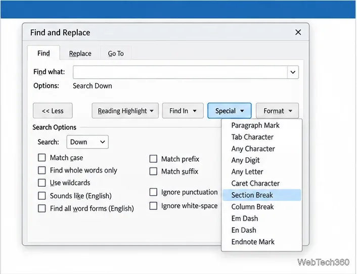 Расширенные функции поиска и замены в Word при открытом меню «Специальные» и выбранном параметре «Разрыв раздела».