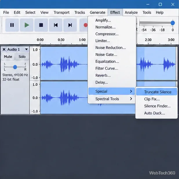 В меню «Эффекты» Audacity откройте пункт «Специальные эффекты», выделив параметр «Усечение тишины» поверх выбранной стереофонической звуковой волны.