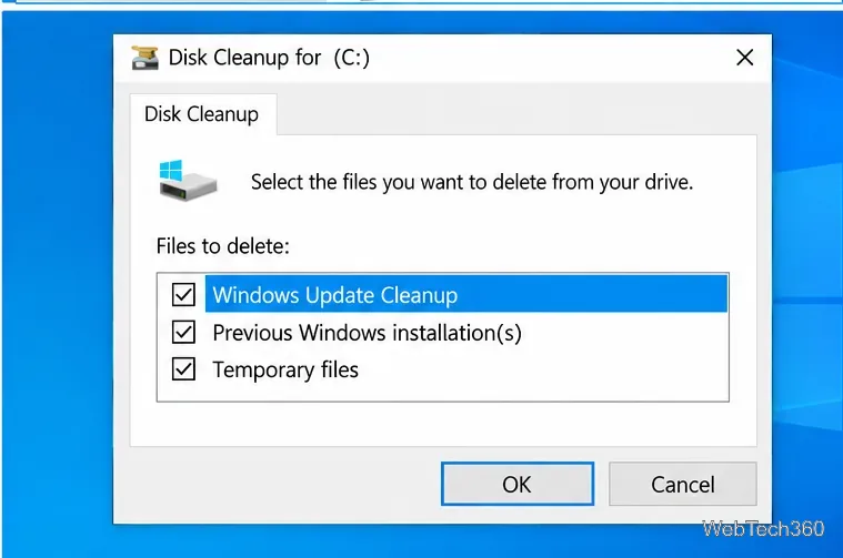 Windows 10 Disk Cleanup window listing Windows Update Cleanup, previous Windows installations, and temporary files
