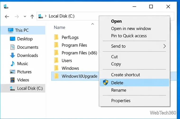 Windows 10 File Explorer showing the Windows10Upgrade folder on Local Disk C with Delete selected