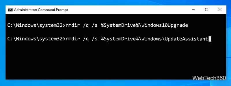 Administrator Command Prompt in Windows 10 showing rmdir commands for Windows10Upgrade and Windows UpdateAssistant folders