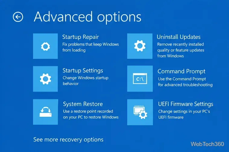 Menu des options avancées de Windows affichant Réparation du démarrage et Invite de commandes