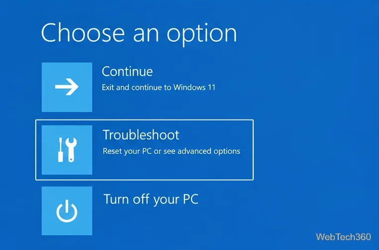 Environnement de récupération Windows bleu. Choisissez un écran d'options avec l'option Dépannage sélectionnée.