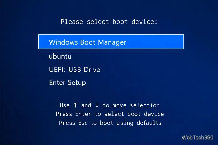 Sélection du périphérique de démarrage du firmware avec le Gestionnaire de démarrage Windows au-dessus d'Ubuntu et d'une clé USB