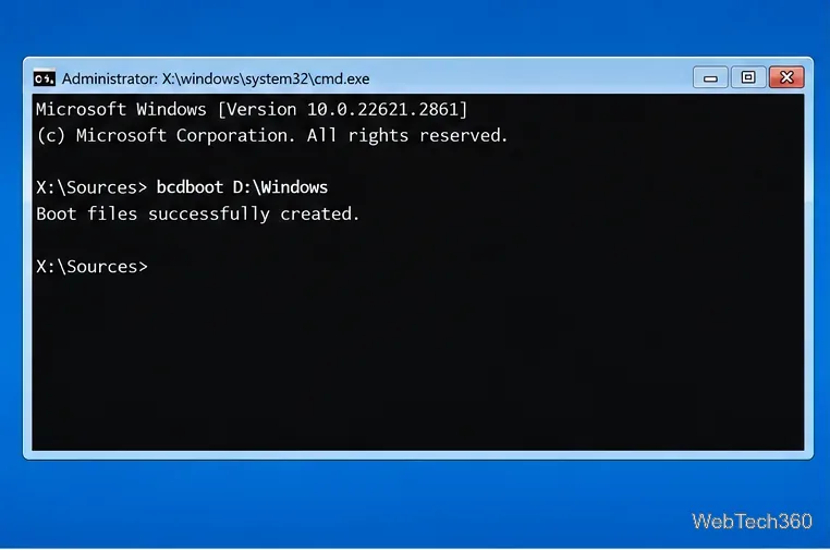 Invite de commandes de récupération Windows affichant une commande bcdboot réussie utilisant le point-virgule (D)