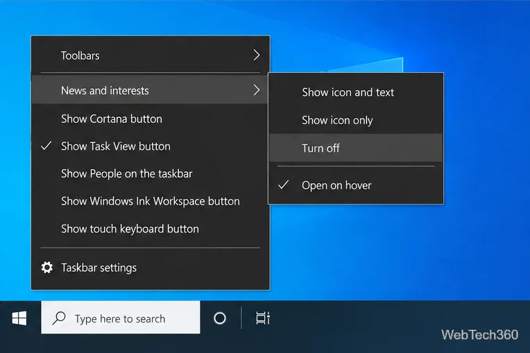 Sous-menu « Actualités et centres d’intérêt » de Windows 10 avec l’option « Désactiver » mise en évidence au-dessus des options d’affichage et de survol.