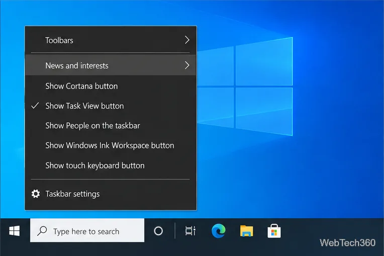 Menu contextuel de la barre des tâches de Windows 10 avec les actualités et les centres d'intérêt mis en évidence