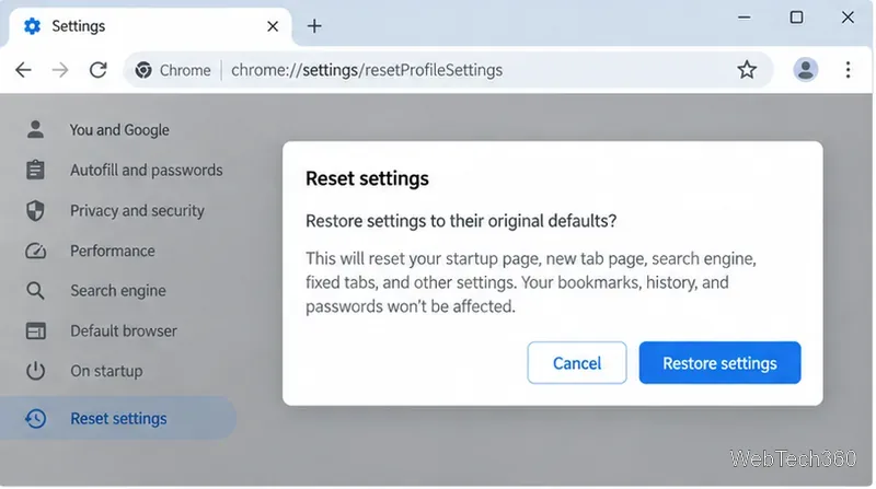 Confirmation de réinitialisation des paramètres de Chrome : « Restaurer les paramètres par défaut ».