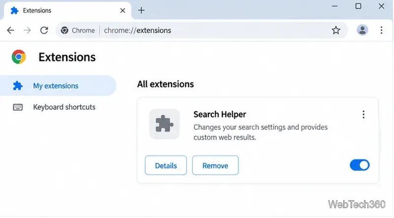 La page des extensions Chrome affiche une fiche d'extension de recherche inconnue avec un bouton Supprimer.