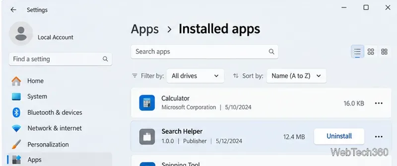 Paramètres des applications installées sous Windows, une application inconnue est sélectionnée et son bouton Désinstaller est visible.