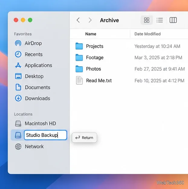 ช่องเปลี่ยนชื่อใน Finder จะแสดงคำว่า Studio Backup โดยมีคำว่า Return แสดงอยู่ข้างๆ