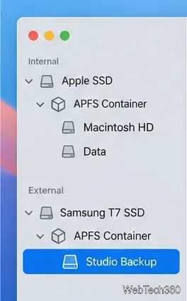 แถบด้านข้างของ Disk Utility จะแสดง SSD จริง, คอนเทนเนอร์ APFS และวอลุ่ม Studio Backup ที่เยื้องเข้าไปด้านใน