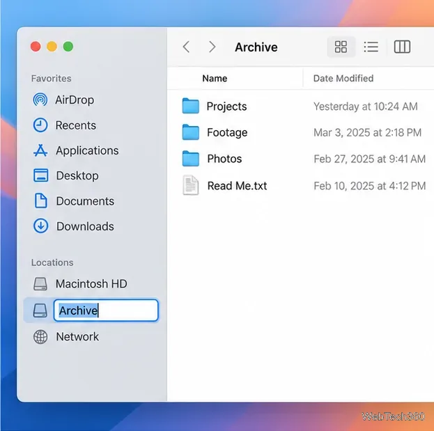 เลือกชื่อไดรฟ์เก็บถาวรในช่องเปลี่ยนชื่อแบบอินไลน์ของ Finder