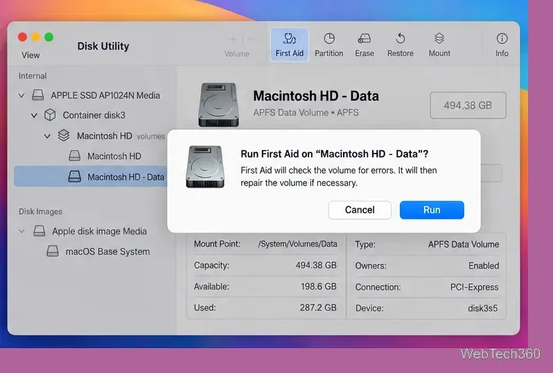 Bestätigungsdialog des Festplattendienstprogramms „Erste Hilfe“ für Macintosh HD-Daten