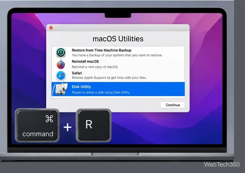 macOS-Wiederherstellungsfenster mit ausgewähltem Festplattendienstprogramm auf einem Intel-Mac