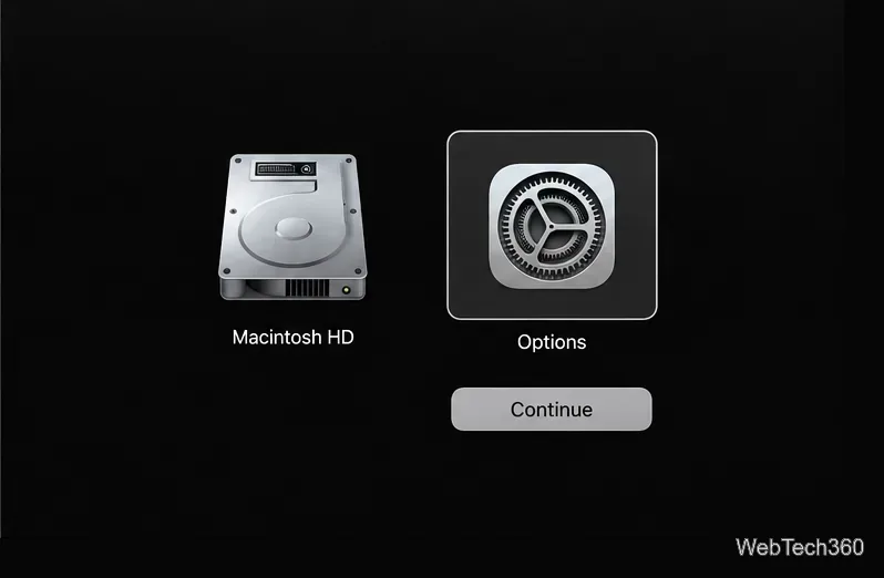 Startoptionen-Bildschirm von Apple Silicon mit ausgewählten Optionen