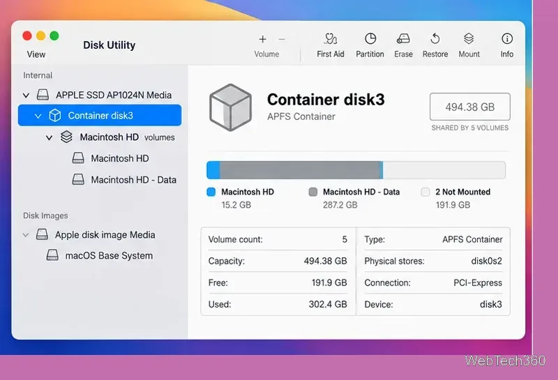 Seitenleiste des Festplattendienstprogramms mit einem ausgewählten APFS-Container vor dem Ausführen von Erste Hilfe