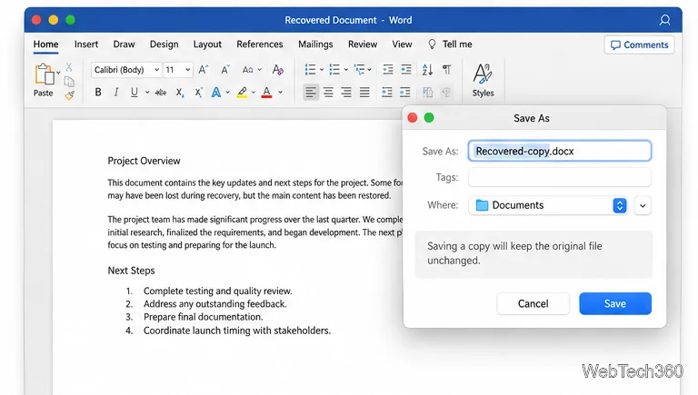 A recovered Word document is being saved as Recovered-copy.docx in a separate file.