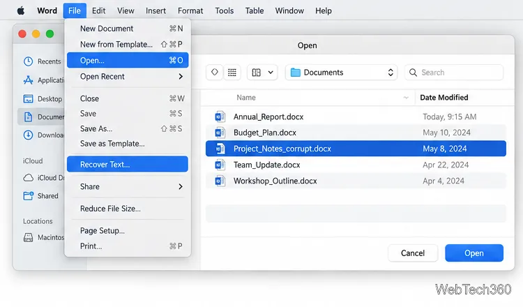 Word for Mac’s Open menu highlights Recover Text for a damaged document.