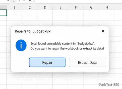 Excel reports unreadable workbook content and offers Repair or Extract Data, with Repair selected.