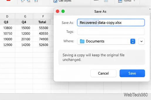 Excel’s Save As dialog names the recovered workbook Recovered-data-copy.xlsx.