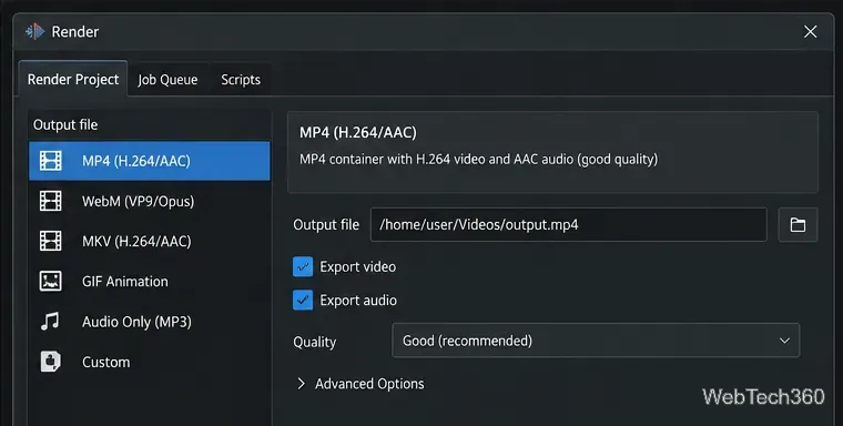 Kdenlive Render ダイアログに、ビデオとオーディオのエクスポートが有効になっている MP4 H.264 および AAC プリセットが表示されています。