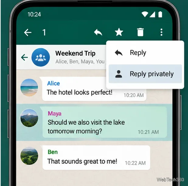 Android版WhatsAppグループメッセージのメニューに「プライベート返信」コマンドが表示される