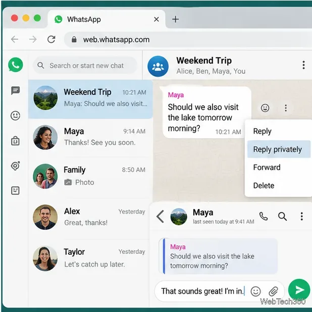 WhatsApp Webで、Maya宛てに非公開で返信を選択し、ダイレクトチャットで引用メッセージを表示