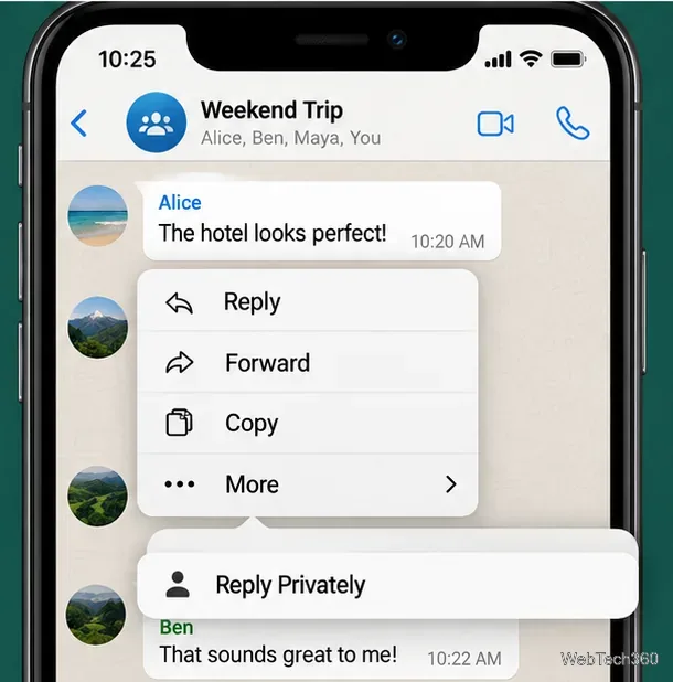 iPhoneのWhatsAppメッセージメニューに「その他」と「プライベート返信」オプションが表示されている。