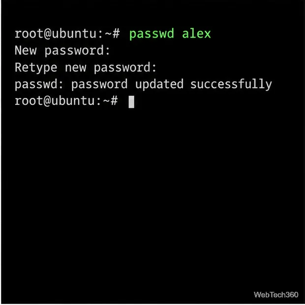 Un shell root affiche « passwd alex » et deux invites de mot de passe sans aucun caractère saisi visible.