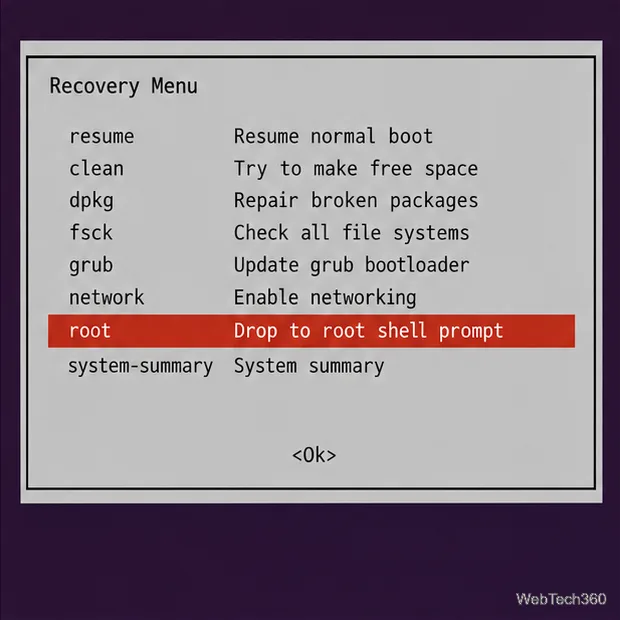 Le menu de récupération d'Ubuntu met en surbrillance l'utilisateur root et permet d'accéder à l'invite de commande root.