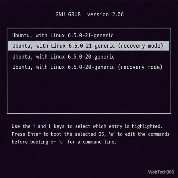 Le sous-menu GRUB met en évidence une entrée du noyau Ubuntu marquée « mode de récupération ».