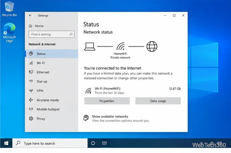Windows 10 Network Status page after restarting with an active Wi-Fi connection