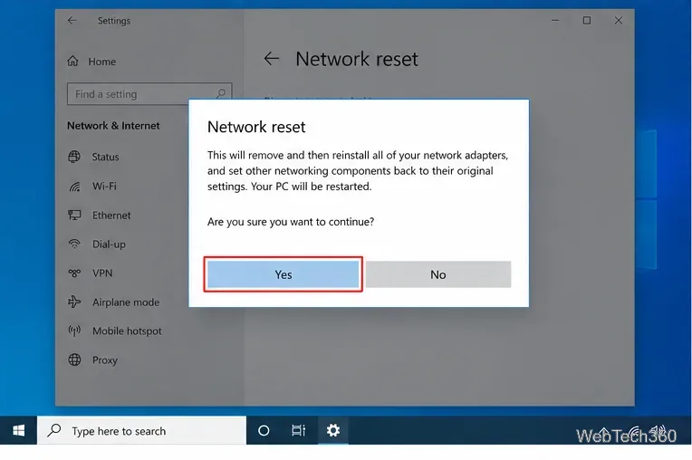 Windows 10 Network reset confirmation dialog with the Yes button highlighted