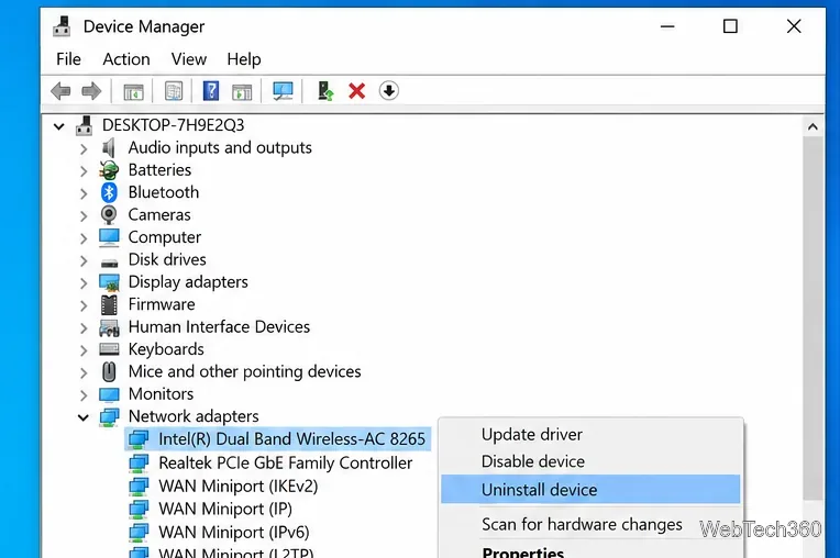 Windows 10 Device Manager with a wireless network adapter selected and Uninstall device highlighted