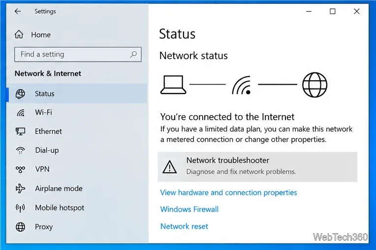 Windows 10 Network and Internet Status page showing the Network troubleshooter option