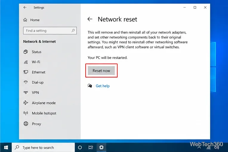 Windows 10 Network reset page showing the Reset now button