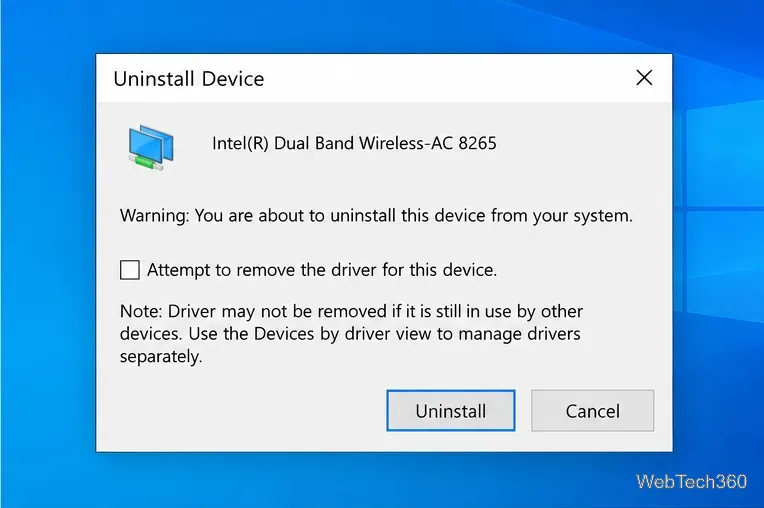 Windows 10 Uninstall Device dialog for a wireless network adapter