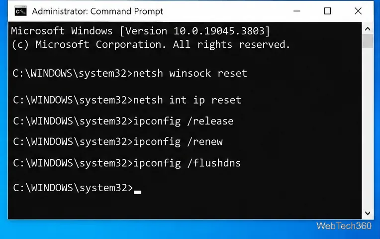 Administrator Command Prompt in Windows 10 showing Winsock TCP IP and DNS reset commands
