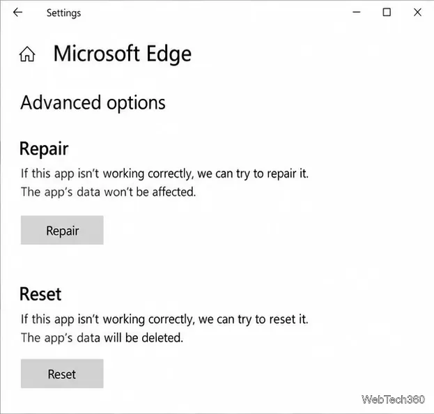 Página de opções avançadas do Windows 10 com a opção Reparar acima de Restaurar e uma observação de que a opção Reparar mantém os dados do aplicativo.