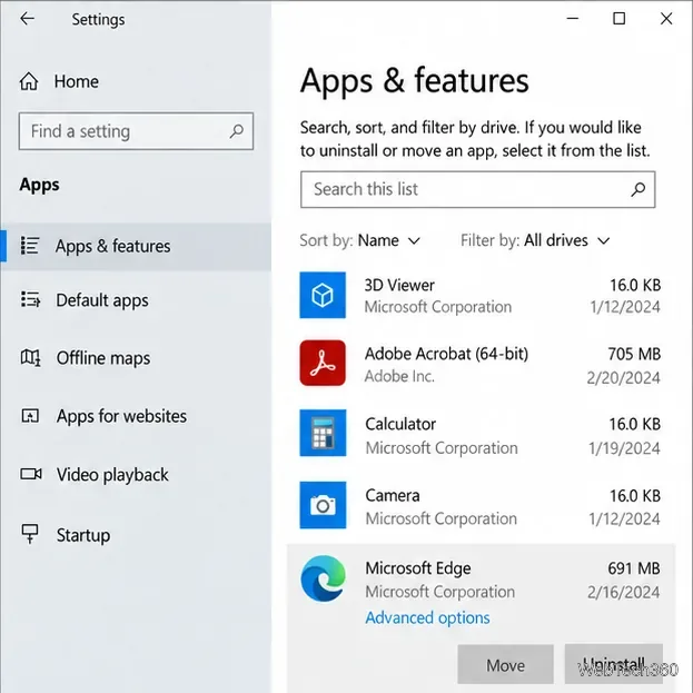 O Microsoft Edge expandiu seus aplicativos e recursos, com o link Opções avançadas agora visível.