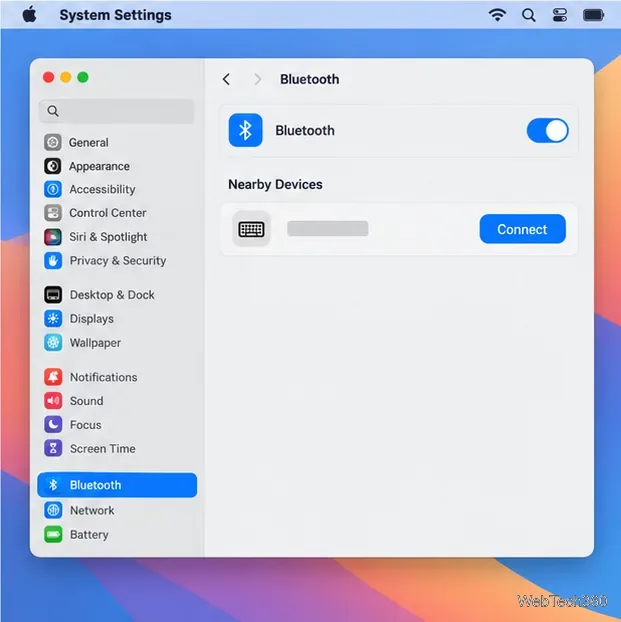 Le panneau des paramètres Bluetooth affiche les appareils à proximité et un bouton « Connecter » pour un clavier.